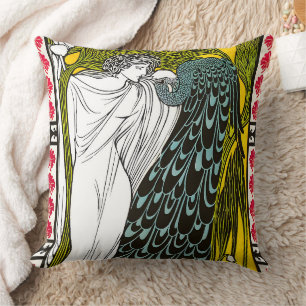 Antique Art Nouveau Woman and Peacock Poster Cushion