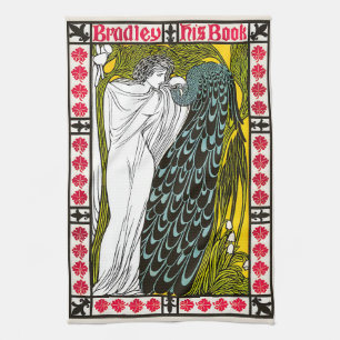 Antique Art Nouveau Woman and Peacock Poster Tea Towel