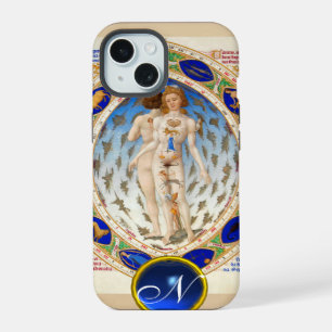 ANTIQUE ASTROLOGY,ZODIACAL SIGNS BLUE GEM MONOGRAM iPhone 15 CASE