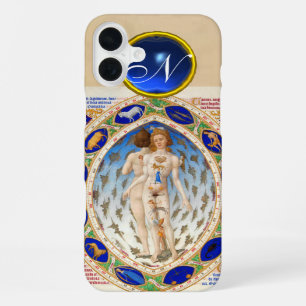 ANTIQUE ASTROLOGY,ZODIACAL SIGNS BLUE GEM MONOGRAM iPhone 16 PLUS CASE