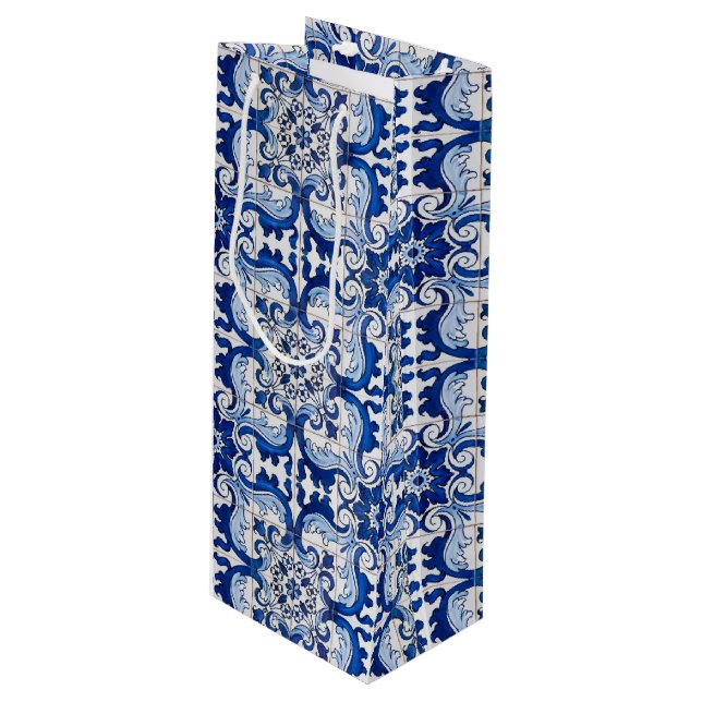 Antique Azulejo Tile Floral Pattern Wine Gift Bag (Front Angled)