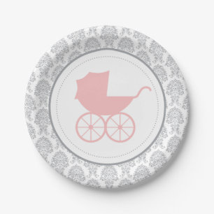 Antique Baby Carriage Elegant Damask   Baby Shower Paper Plate