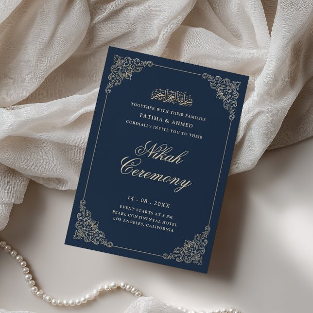 Antique Baroque Frame Navy Blue Nikah Ceremony Invitation (Creator Uploaded)