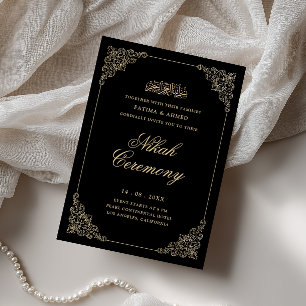 Antique Baroque Gold Script Black Nikah Ceremony Invitation