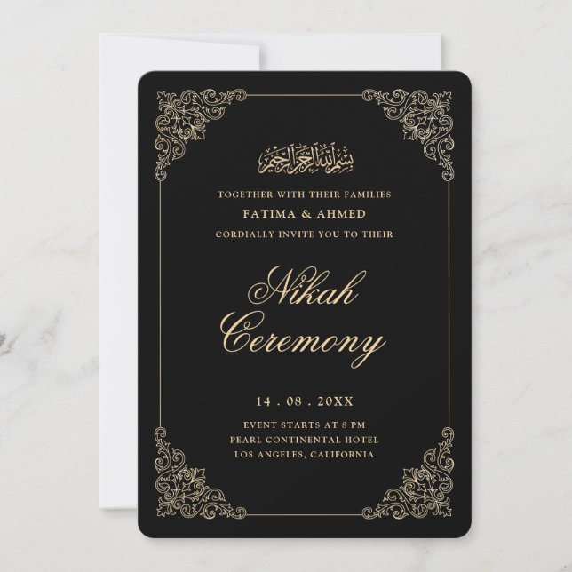Antique Baroque Gold Script Black Nikah Ceremony Invitation (Front)