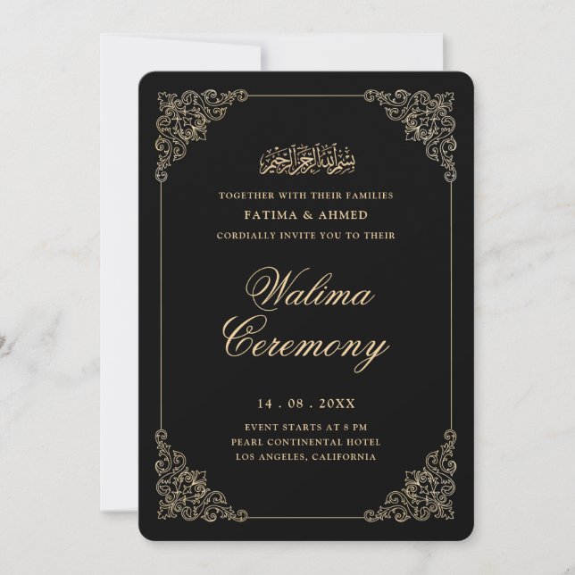 Antique Baroque Gold Script Black Walima Ceremony Invitation (Front)