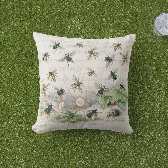 Antique Bee Honey Worker Queen Bees Vintage Cushion (Grass)