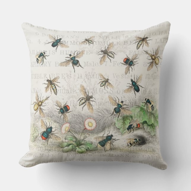 Antique Bee Honey Worker Queen Bees Vintage Cushion (Front)