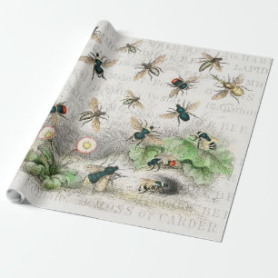 Antique Bee Honey Worker Queen Bees Vintage Wrapping Paper