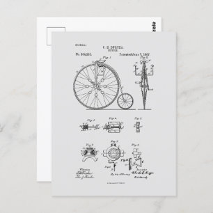 Antique Bicycle 1887 Penny Farthing Patent Drawing Postcard