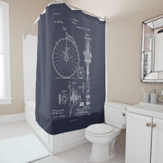 Antique Bicycle 1887 Penny Farthing Patent Drawing Shower Curtain (In Situ)