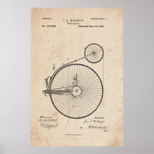 Antique Bicycle Patent Print Poster (Front)