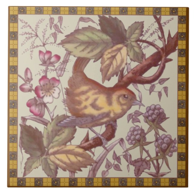 Antique Bird & Berries Transferware Tile Repro #2 (Front)