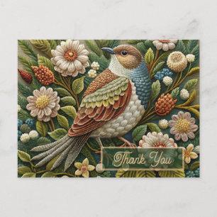 Antique Bird in Forest Embroidered Look Thank You Postcard