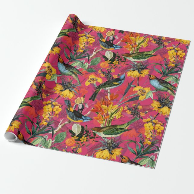 Antique Birds and Flowers Pattern on pink Wrapping Paper (Unrolled)