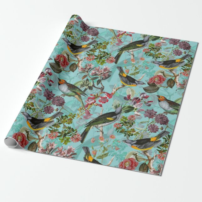 Antique Birds and Flowers Pattern on teal Wrapping Paper (Unrolled)