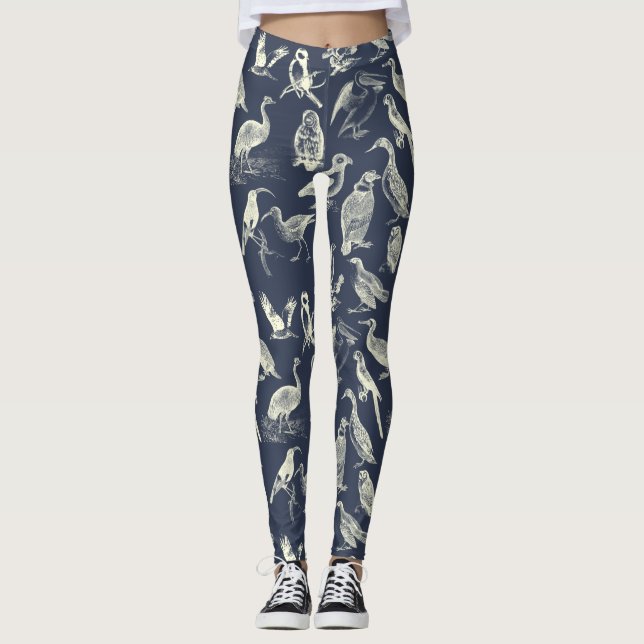 Antique Birds Cream and Navy Print Illustrated Leggings (Front)