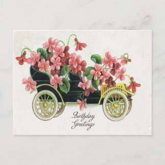 Antique Birthday Post Card-Pink Violet Antique Car Postcard