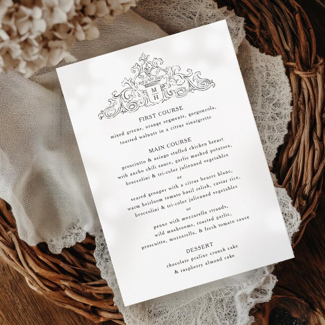 Antique Black and White Crest Wedding Dinner Menu Invitation (Creator Uploaded)