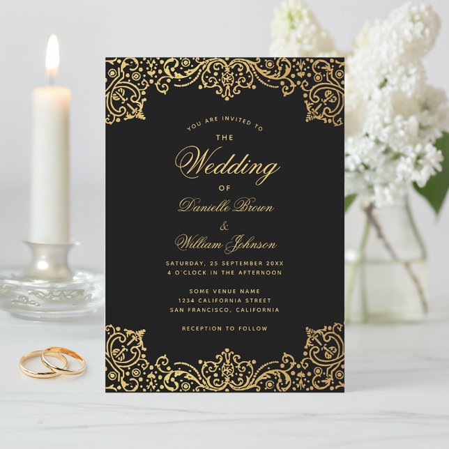 Antique Black Gold Elegant Script Vintage Wedding  Invitation (Creator Uploaded)