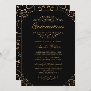 Antique Black Gold Flourish Quinceanera Invitation