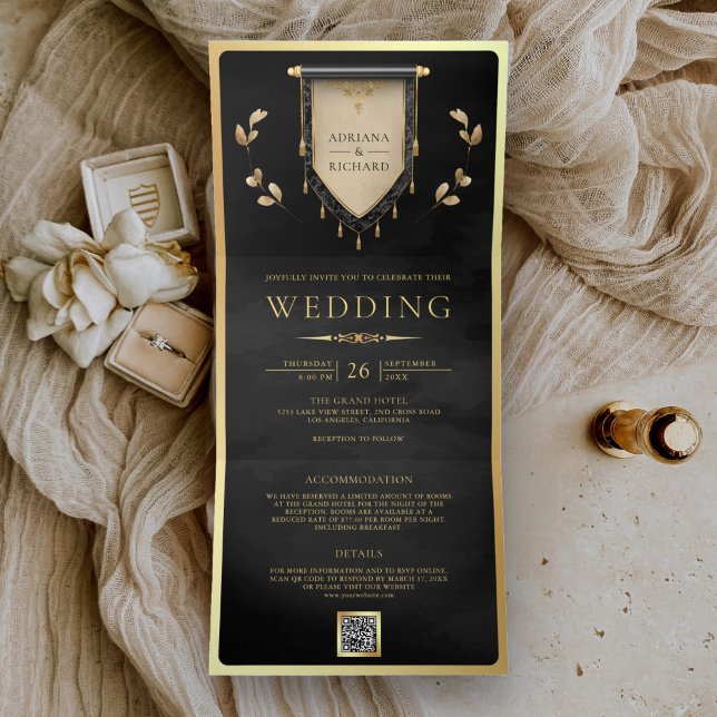 Antique Black Gold Scroll Mediaeval Wedding Tri-Fold Invitation (Creator Uploaded)