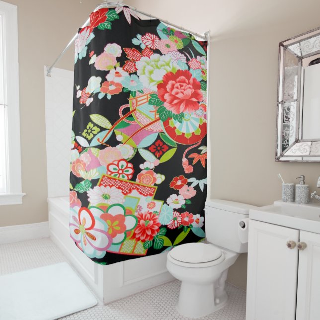 Antique Black Red Japanese Kimono Floral Flower Shower Curtain (In Situ)