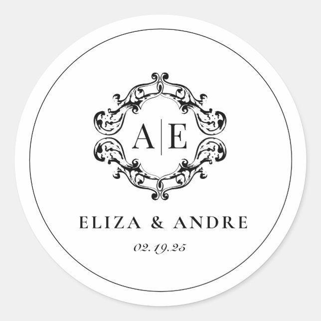 Antique Black & White Crest Monogram Wedding Classic Round Sticker (Front)