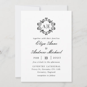 Antique Black & White Crest Monogram Wedding Invitation