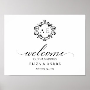 Antique Black & White Crest Monogram Wedding Poster