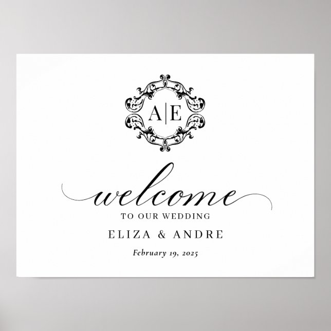 Antique Black & White Crest Monogram Wedding Poster (Front)