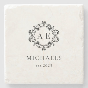 Antique Black & White Crest Monogram Wedding Stone Coaster