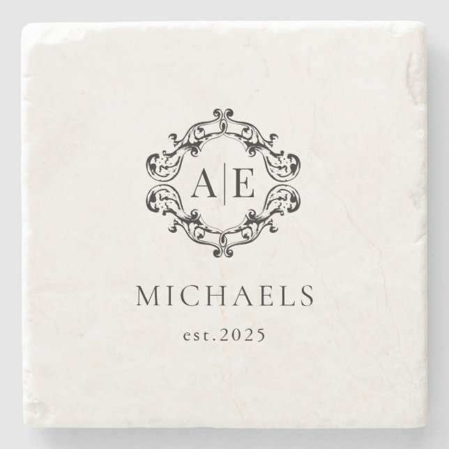 Antique Black & White Crest Monogram Wedding Stone Coaster (Front)