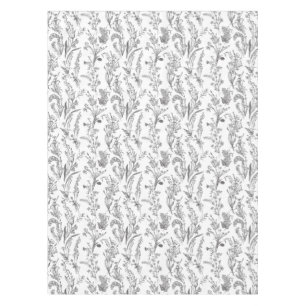 Antique Black White Toile Floral Pattern Vintage Tablecloth
