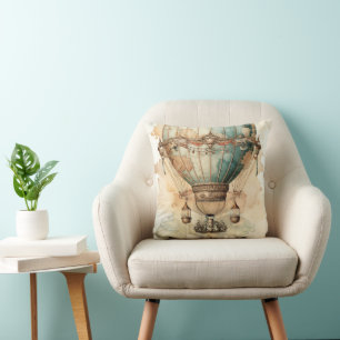 Antique Blue Airship World Map Explorer Cushion