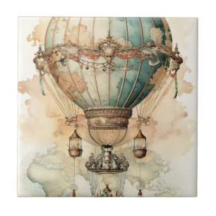 Antique Blue Airship World Map Explorer Tile