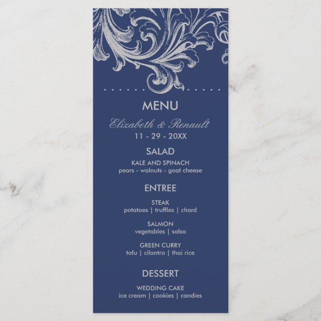 Antique Blue and Grey Floral Wedding Menu (Front)
