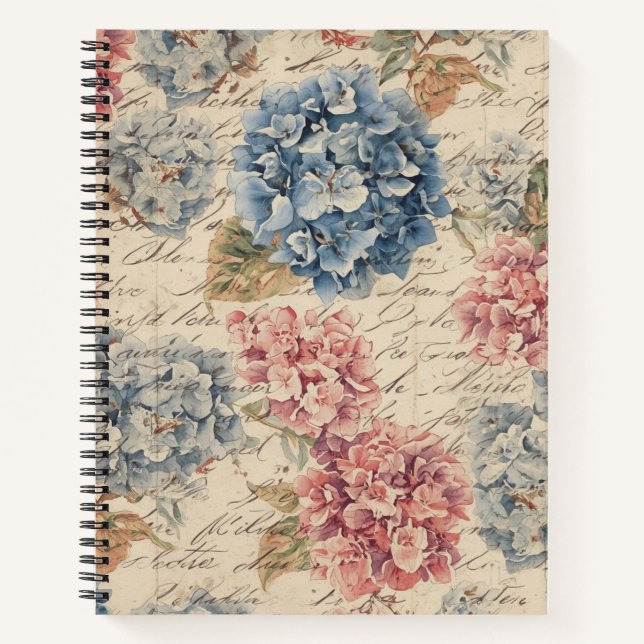 Antique Blue and Pink Hydrangea Ephemera Script  Notebook (Front)