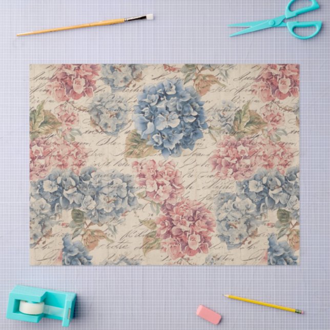 Antique Blue and Pink Hydrangea Ephemera Script  Tissue Paper (Craft)