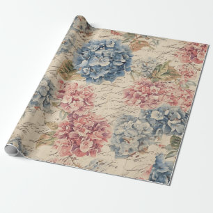 Antique Blue and Pink Hydrangea Ephemera Script  Wrapping Paper