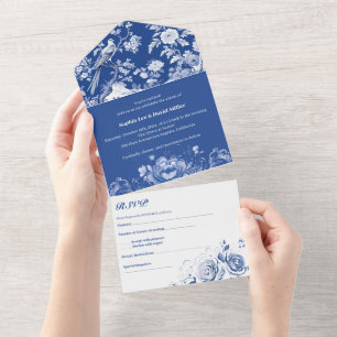 Antique Blue And White Chinoiserie Floral Wedding All In One Invitation