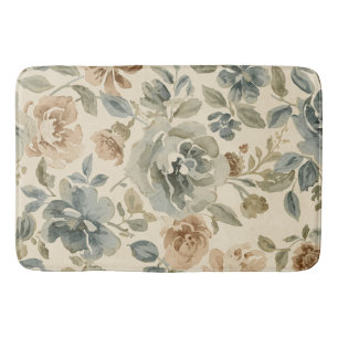 Antique Blue Brown Sage Beige Watercolor Floral Bath Mat