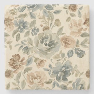 Antique Blue Brown Sage Beige Watercolor Floral Stone Coaster