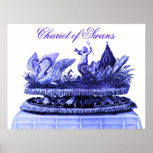 ANTIQUE BLUE CHARIOT OF SWANS AND CUPCAKES POSTER