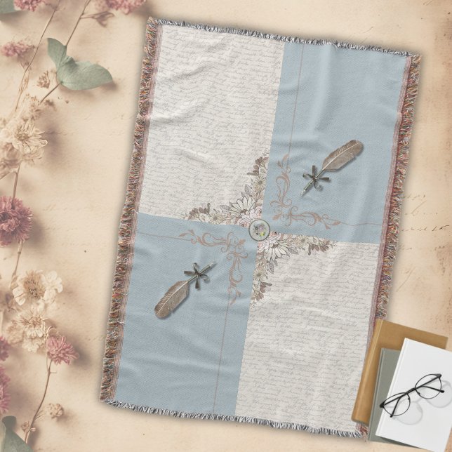 Antique Blue Classic Manuscript Woven Fringe Throw Blanket (A touch of timeless blue elegance for your classic home. This woven throw adds sophistication.)