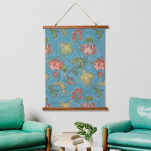 Antique Blue Damask Floral Gold Brocade Design Hanging Tapestry