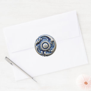 Antique Blue Faux Silver Round Floral Art Pattern Classic Round Sticker