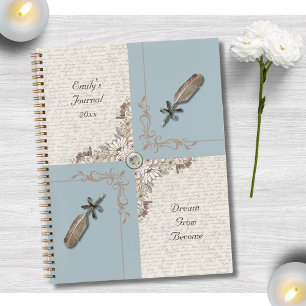 Antique Blue Floral and Quill Reflection Journal
