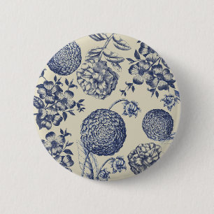 Antique Blue Flower Print Floral 6 Cm Round Badge
