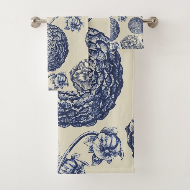 Antique Blue Flower Print Floral Bath Towel Set (Insitu)